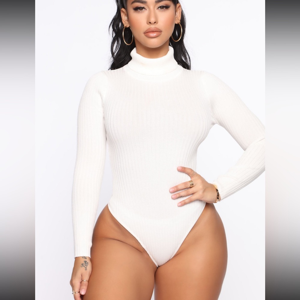 White, Turtleneck, Bodysuit - Medium